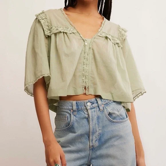 Free People Sage Green Lightweight Lace-Trim Blouse - Picture 1 of 14